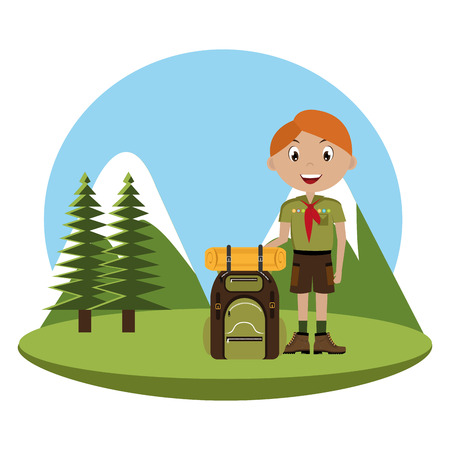 little scout character with travel bag icon vector illustration design